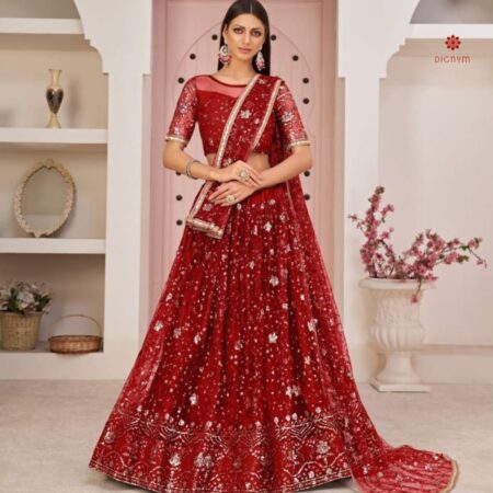 Carmine Red Embroidered Net Lehenga Choli