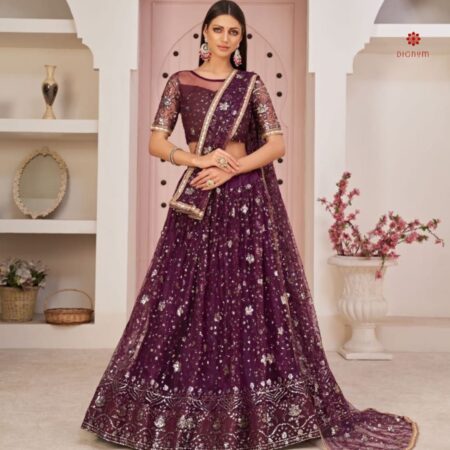 Byzantium Purple Embroidered Net Lehenga Choli