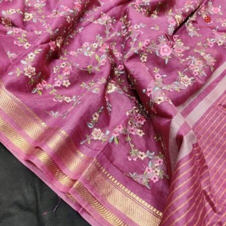 Buy Online Orchid Pink Pure Linen Silk Banarasi Border Saree