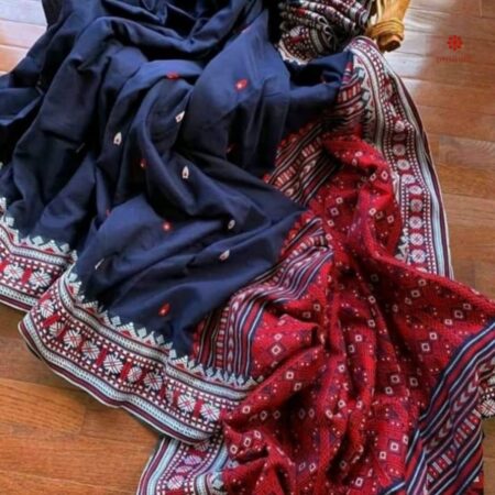 Buy Online Navy Blue Assam Khadi Handwoven Handloom Saree