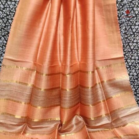 Buy Online Peach Handwoven Pure Tussar Ghicha Silk Saree