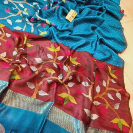 Buy Online Blue Handwoven Matka Silk Jamdani Sequin Work Saree