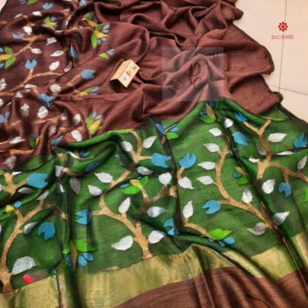 Buy Online Brown Handwoven Matka Silk Floral Jamdani Sequin Work Saree