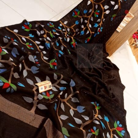 Buy Online Dark Brown Handwoven Matka Silk Floral Jamdani Sequin Work Saree
