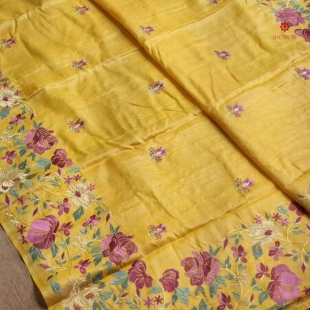 Buy Onlne Yellow Pure Tussar Silk Embroidered Saree