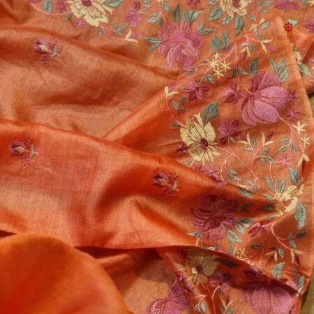 Buy Online Orange Tussar Silk Saree with Hand Embroidery