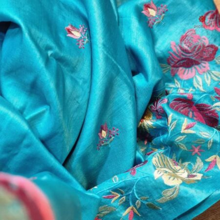 Buy Online Vivid Sky Blue Tussar Silk Saree with Hand Embroidery