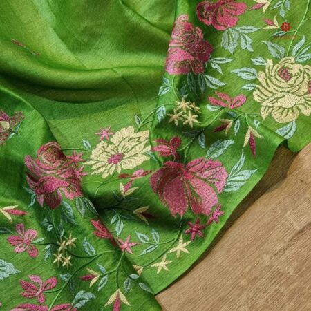 Buy Online Kelly Green Tussar Silk Saree with Hand Embroidery