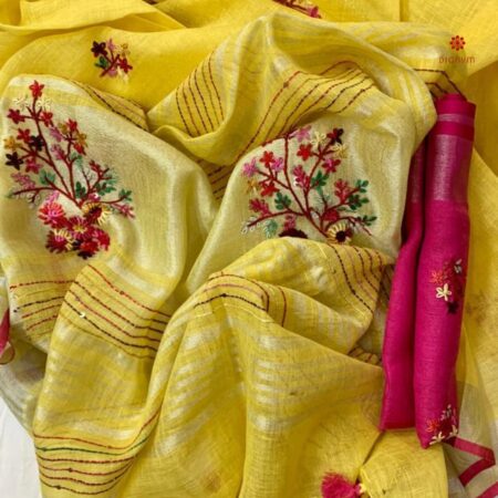 Bumblebee Yellow Hand Embroidered Pure Linen Saree