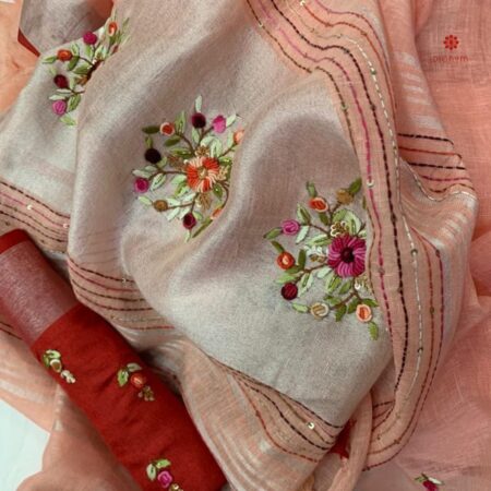 Buy Online Peach Pink Hand Embroidered Pure Linen Saree