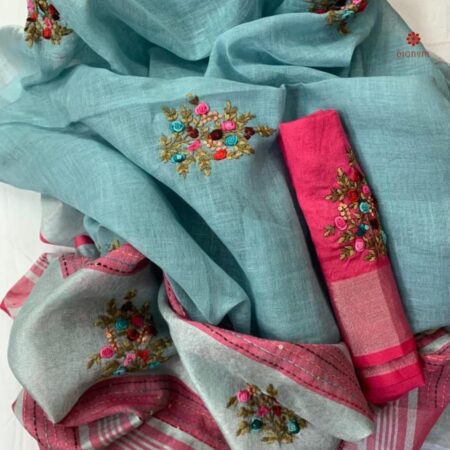 Buy Online Baby Blue Hand Embroidered Pure Linen Saree