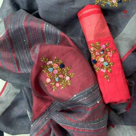 Buy Online Slate Grey Hand Embroidered Pure Linen Saree