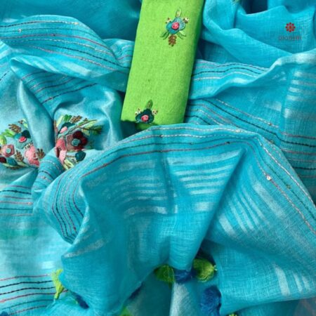 Buy Online Vivid Sky Blue Hand Embroidered Pure Linen Saree