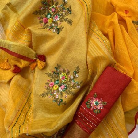 Buy Online Golden Yellow Hand Embroidered Pure Linen Saree