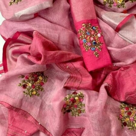 Buy Online Taffy Pink Hand Embroidered Pure Linen Saree