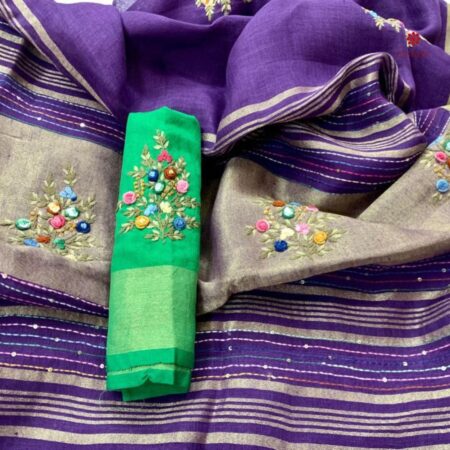 Buy Online Ultra Violet Hand Embroidered Pure Linen Saree
