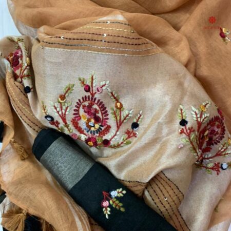 Buy Online Desert Brown Hand Embroidered Pure Linen Saree