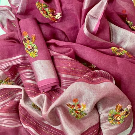Buy Online Fandango Pink Hand Embroidered Pure Linen Saree