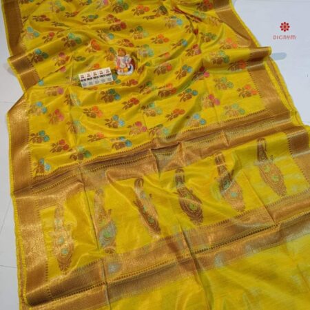 Buy Online Lemon Yellow Pure Munga Silk Banarasi Saree
