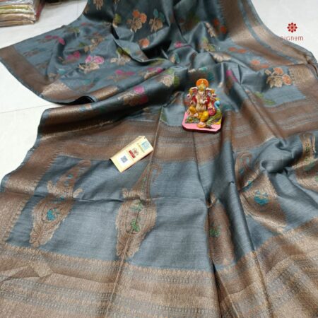 Buy Online Slate Grey Pure Munga Silk Banarasi Saree