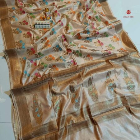 Buy Online Pearl White Pure Munga Silk Banarasi Saree