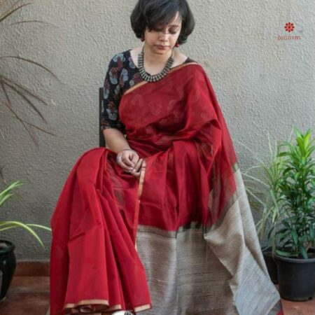 Buy Online Cherry Red Handloom Cotton Saree