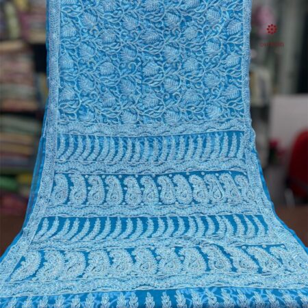 Buy Online Sky Blue Chikankari Hand Embroidered Saree