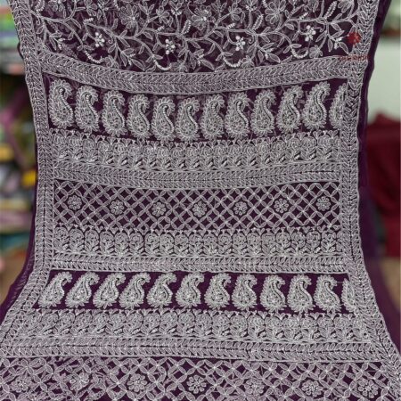 Buy Online Sangria Purple Chikankari Hand Embroidered Saree