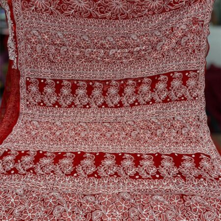 Buy Online Crimson Red Chikankari Hand Embroidered Saree