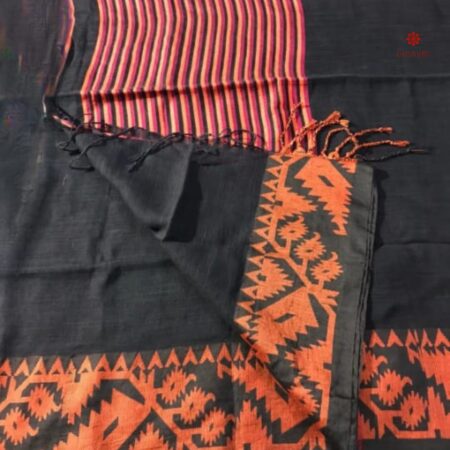Buy Online Black Handwoven Linen Blend Cotton Saree
