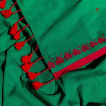 Buy Online Dark Green Handwoven Mulmul Cotton Saree