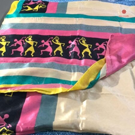 Buy Online Off-White Warli Tribal Pattern Design Printed Linen Saree