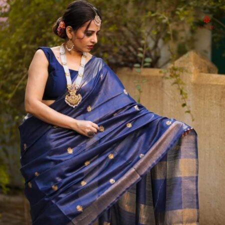 Buy Online Navy Blue Pure Tussar by Munga Silk Saree