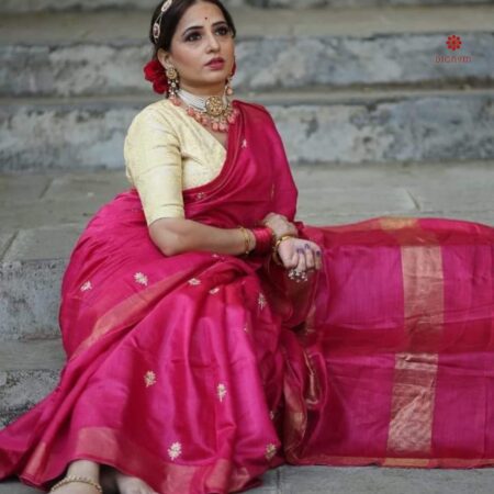Buy Onine Hot Pink Pure Tussar by Munga Silk Saree