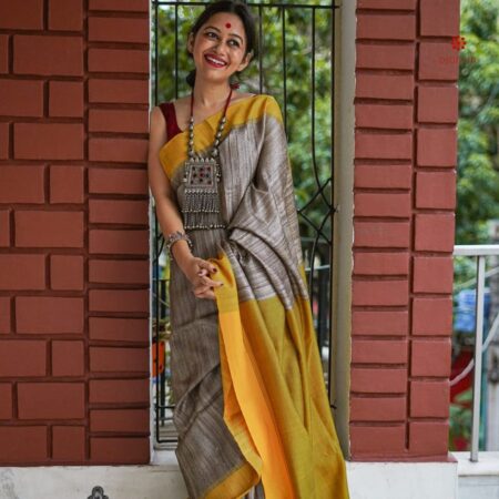Buy Online Grey Handmade Jute Khadi Cotton Saree