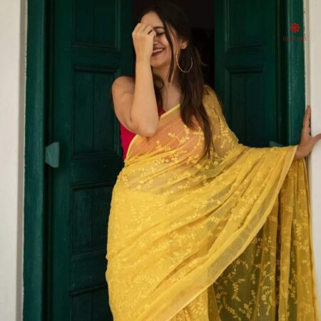 Buy Online Yellow Kota Cotton Silk Embroidered Saree