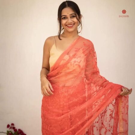 Buy Online Salmon Orange Kota Cotton Silk Embroidered Saree