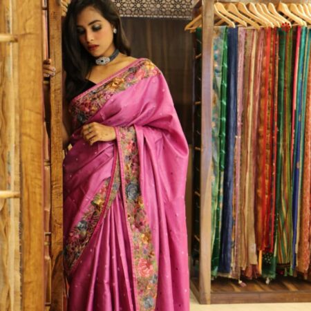 Buy Online Hibiscus Pink Pure Tussar Silk Embroidered Saree