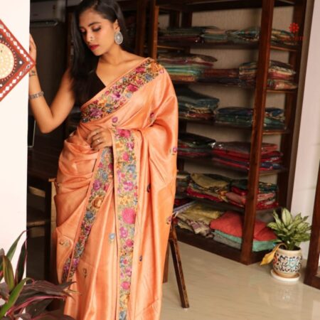 Buy Online Crayola Peach Pure Tussar Silk Embroidered Saree
