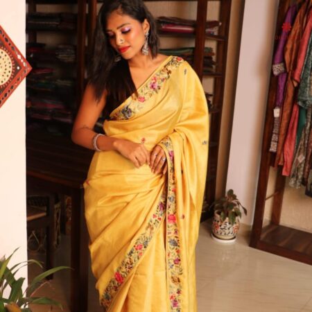 Buy Online Tuscan Yellow Pure Tussar Silk Embroidered Saree