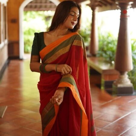 Buy Online Crimson Red Handloom Cotton Saree