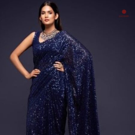 Buy Online Navy Blue Pure Georgette Sequins Embroidered Saree