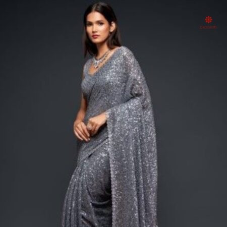Buy Online Pewter Grey Pure Georgette Sequins Embroidered Saree