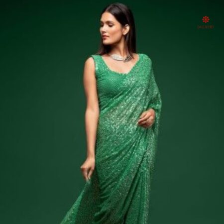 Buy Online Parakeet Green Pure Georgette Sequins Embroidered Saree