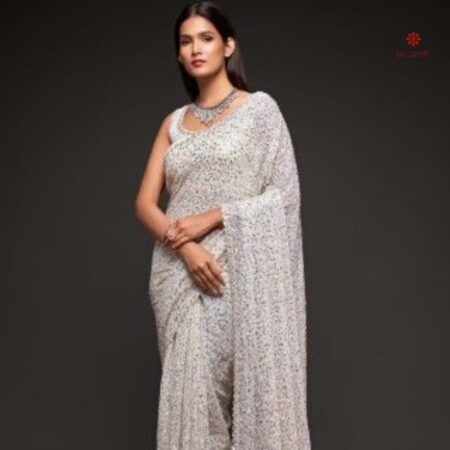 Buy Online Pearl White Pure Georgette Sequins Embroidered Saree