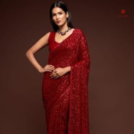 Buy Online Crimson Red Pure Georgette Sequins Embroidered Saree