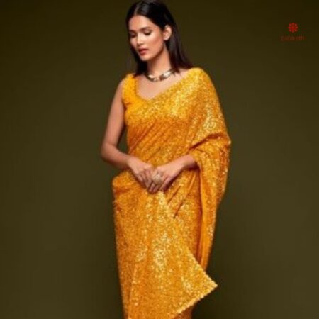 Buy Online Tuscany Yellow Pure Georgette Sequins Embroidered Saree