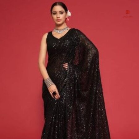Buy Online Raven Black Pure Georgette Sequins Embroidered Saree