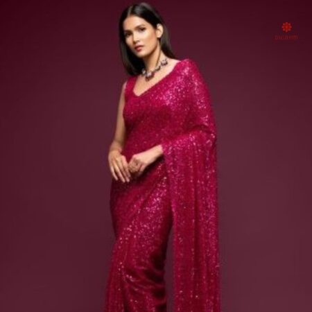 Buy Online Hot Pink Pure Georgette Sequins Embroidered Saree