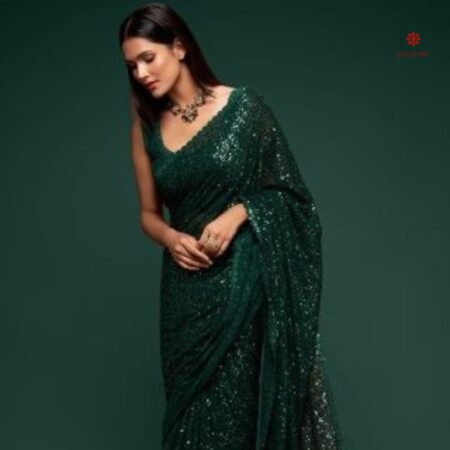 Buy Online Dark Green Pure Georgette Sequins Embroidered Saree